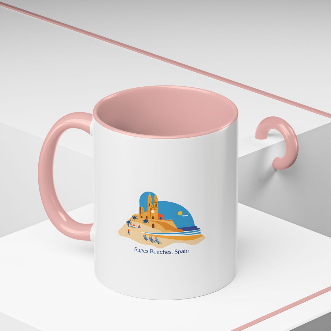 The Sitges Beach Spain Mug is a high-quality ceramic piece featuring colorful designs inspired by Sitges’s iconic beaches. Dishwasher and microwave safe, it is ideal for coffee enthusiasts or as a travel keepsake.