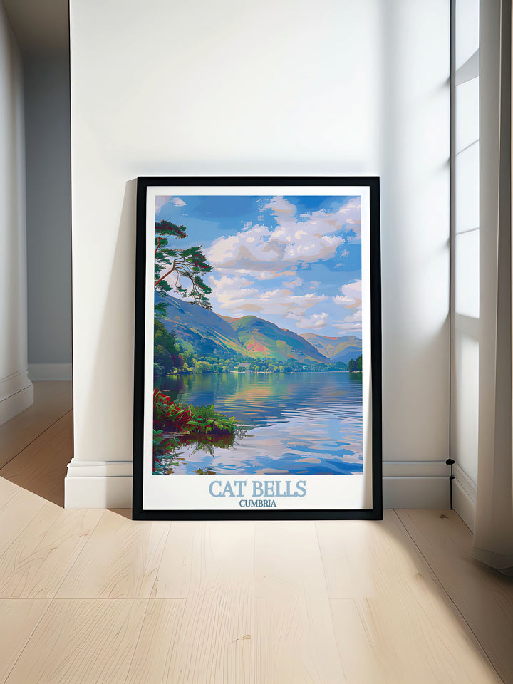 Derwentwater travel poster showcasing the serene landscape of the Lake District perfect for wall decor this mountain print captures the beauty of Cat Bells Cumbria making it ideal for home living decor and as a gift for hikers who love nature.