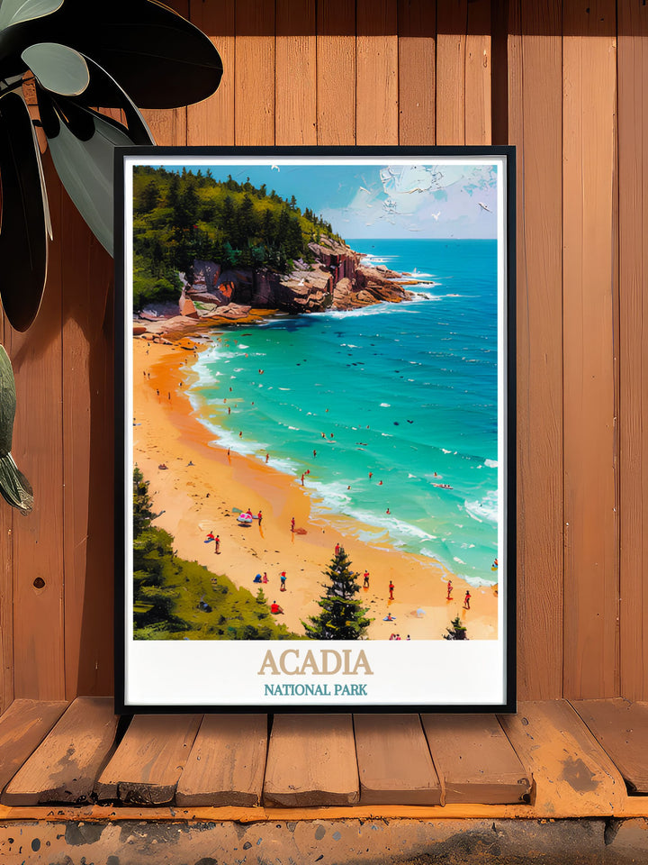 Sand Beach poster from Acadia National Park ideal for nature enthusiasts and art collectors who love vintage prints and classic travel posters a perfect piece of art for enhancing home decor and celebrating the great outdoors.