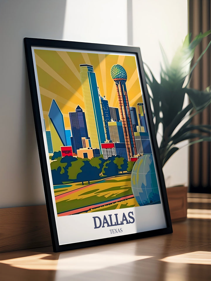 Reunion Tower Ball in the Air is the focal point of this Dallas Texas art print A perfect gift for Dallas lovers this travel poster showcases the iconic skyline in a way that is both stylish and versatile making it suitable for any home or office decor