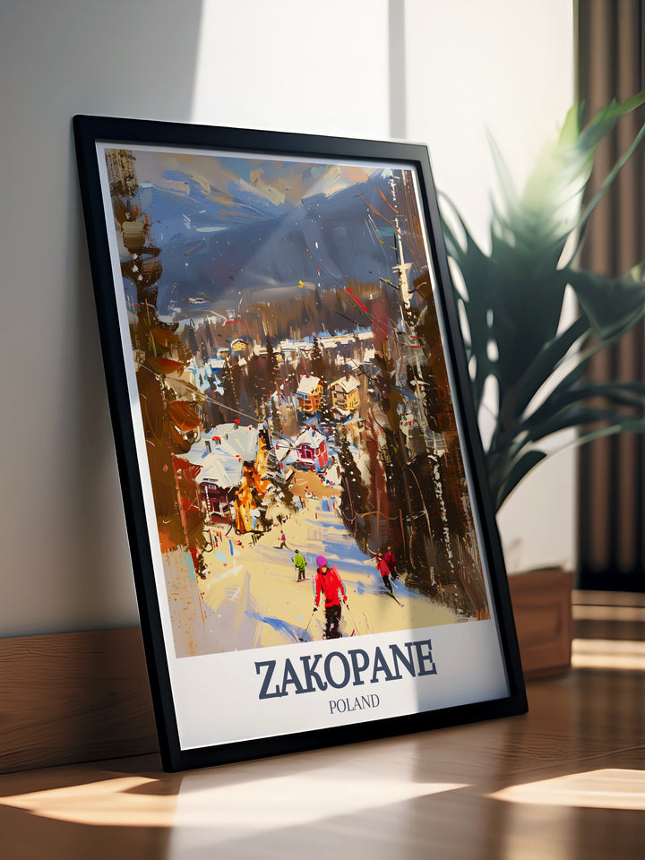 Gubałowka Hill and Kasprowy Wierch Travel Poster Print illustrating the enchanting landscapes of Zakopane with a captivating design that makes it a perfect gift for anniversaries or birthdays.