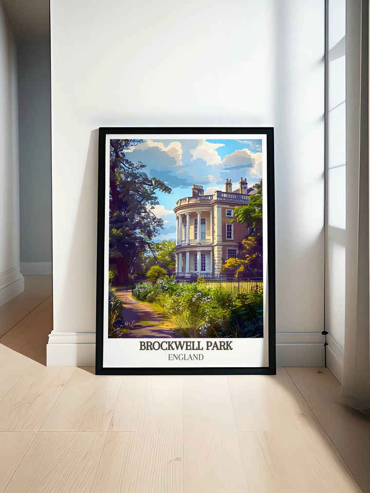 Brockwell Hall illuminated by the afternoon sun with children playing nearby, a lively and cheerful London park poster