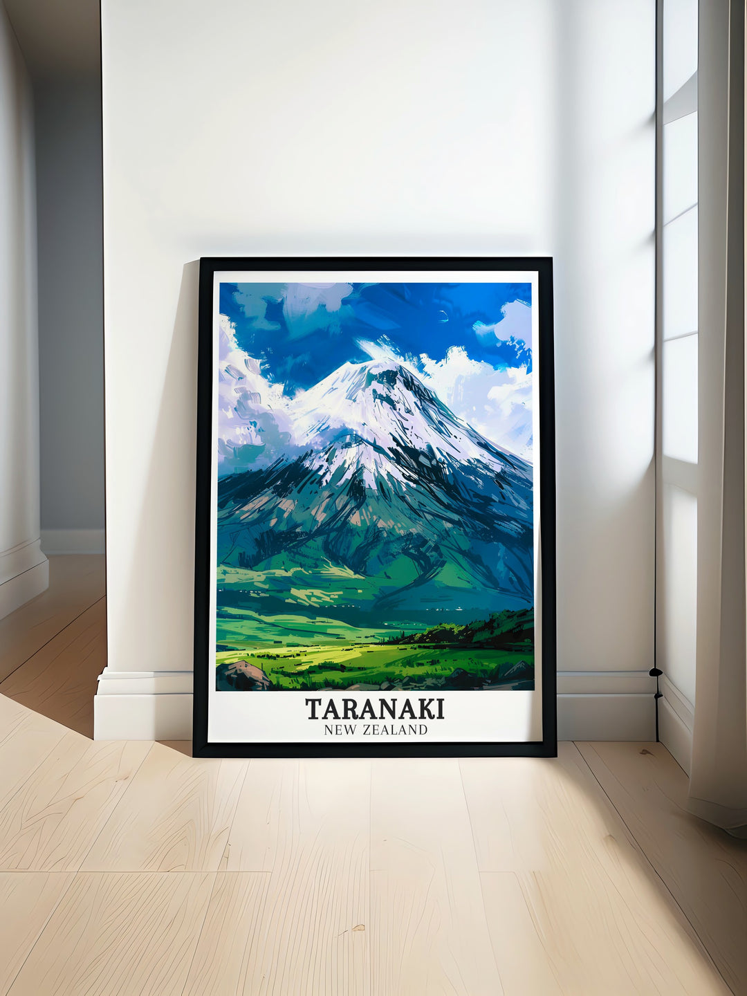 Mount Taranaki Egmont National Park modern print showcasing the majestic peak with vibrant colors and detailed artwork perfect for New Zealand wall art and home decor