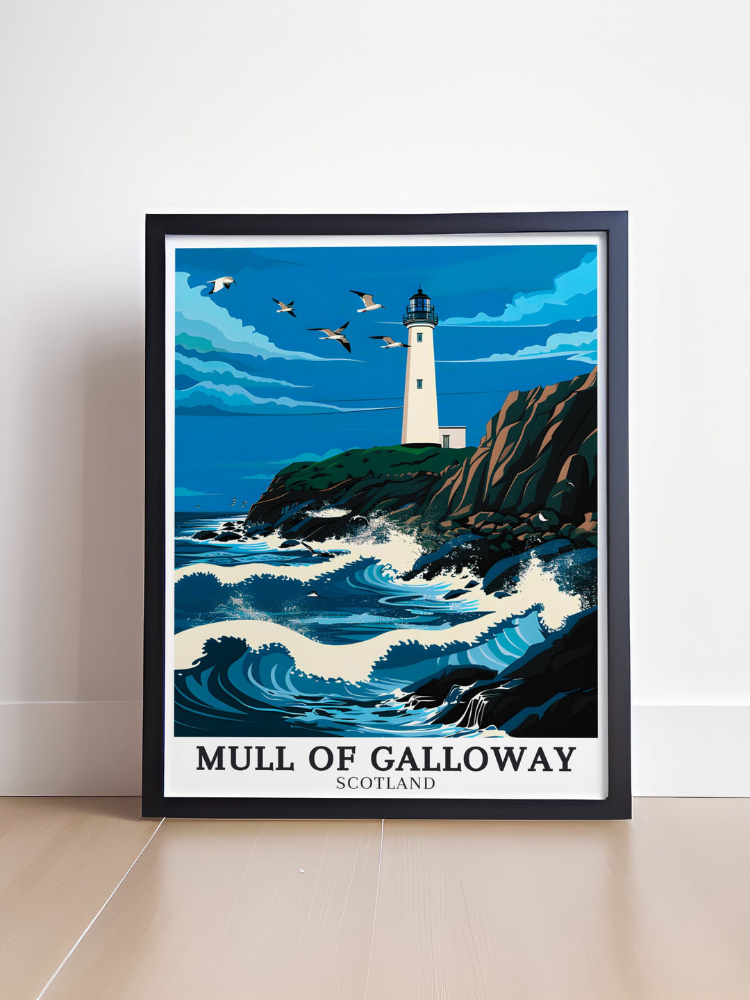 Mull of Galloway Travel Print captures the expansive views and rugged terrain of Mull of Galloway, where the land meets the sea in a breathtaking display of natural beauty. This print is ideal for adventurers and nature lovers alike.