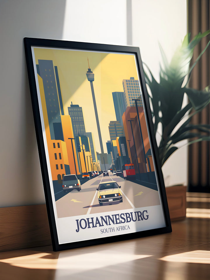 A sleek Johannesburg wall art print that celebrates the Hillbrow Tower and Carlton Centre, two landmarks that define the citys skyline. This digital print captures the essence of Johannesburg, making it a great gift or personal décor piece.