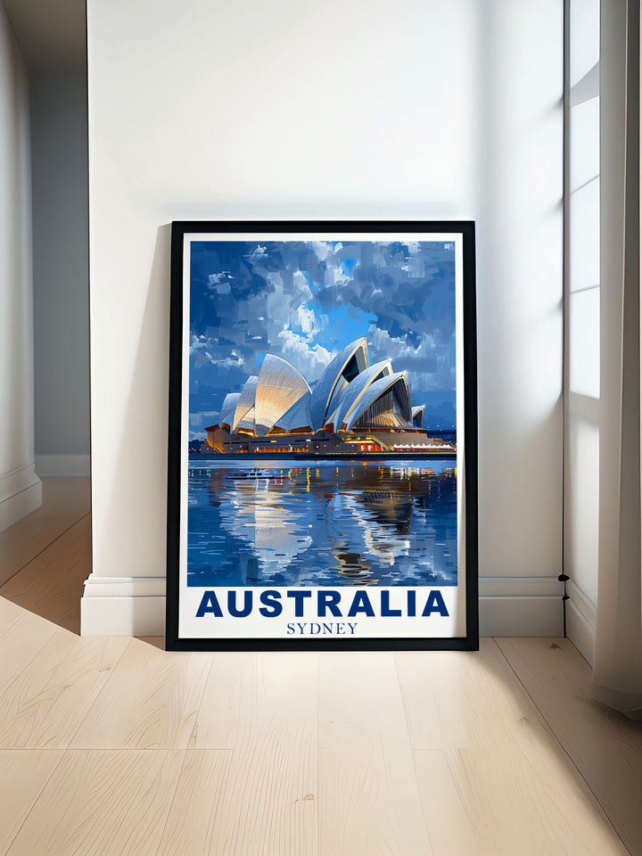 The charm of the Sydney Opera House, with its iconic structure and sweeping views, is brought to life in this poster, offering a piece of Sydneys allure for your home.