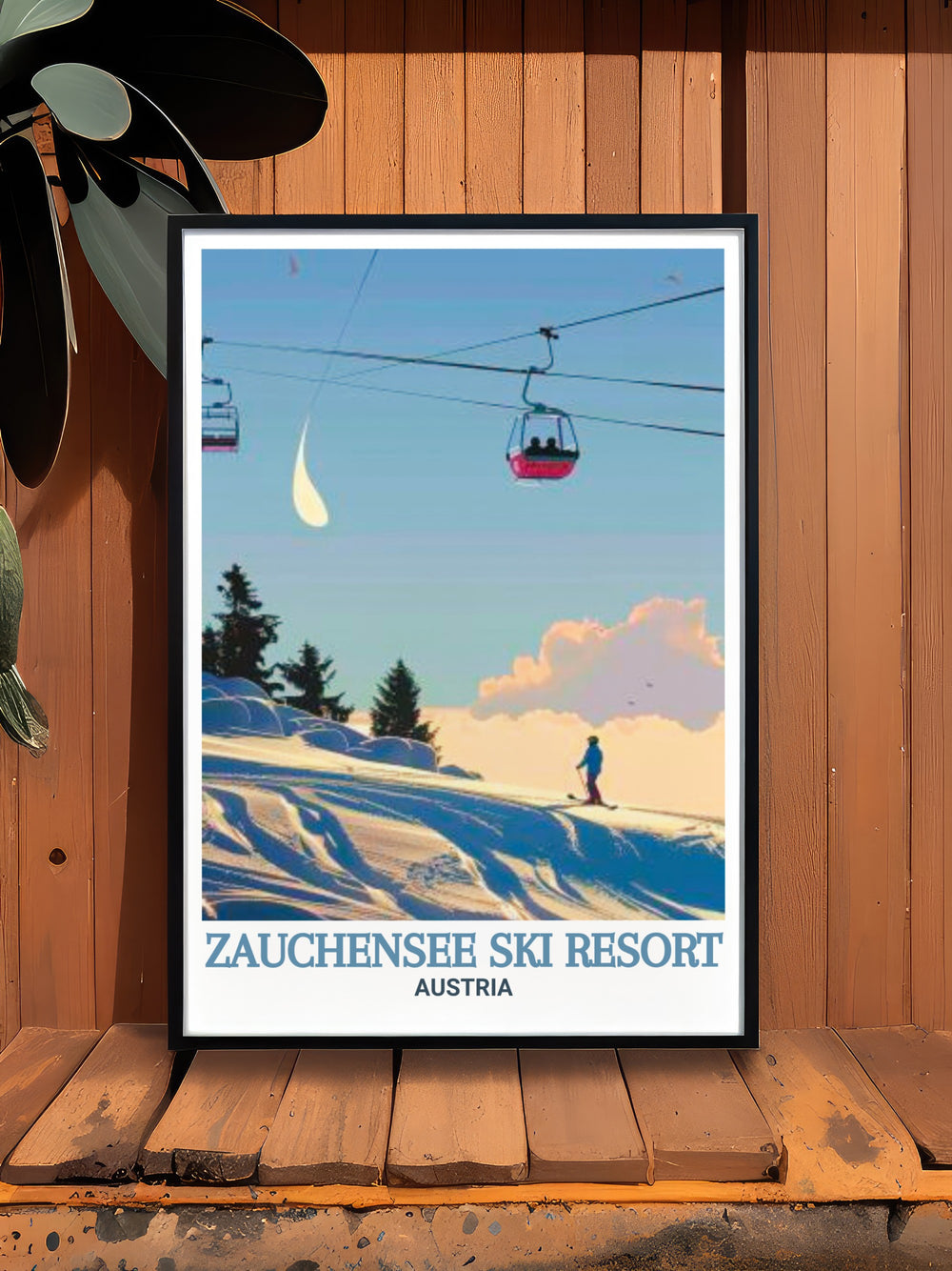 Vintage Zauchensee Ski Resort Framed Print highlighting the majestic ski slopes and snowy scenery along with El Capitan and Yosemite Falls in an elegant design