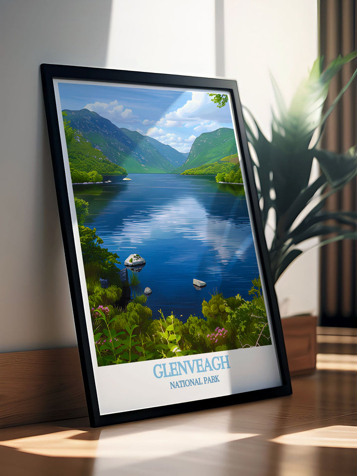 Detailed illustration of Lough Veagh, showcasing the tranquil waters and surrounding mountains of Glenveagh National Park, perfect for nature enthusiasts and art lovers.