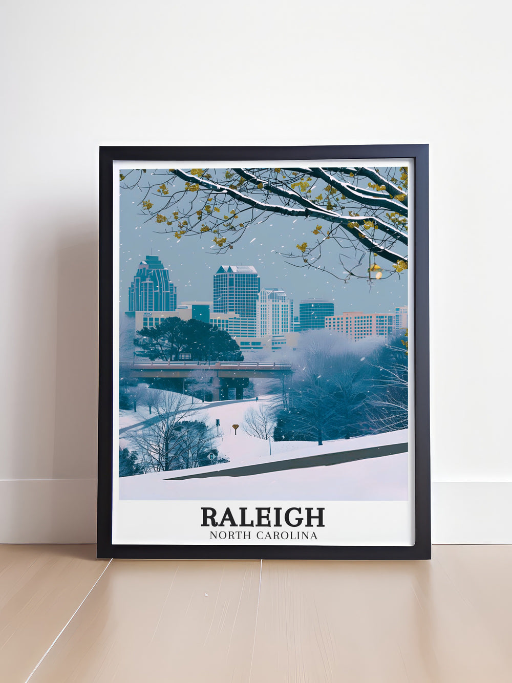 Detailed Raleigh print highlighting the impressive skyline of Raleigh and the peaceful streets of Chapel Hill. The artwork brings together the bustling energy of the city and the quiet charm of the town, ideal for adding a touch of North Carolina to your decor