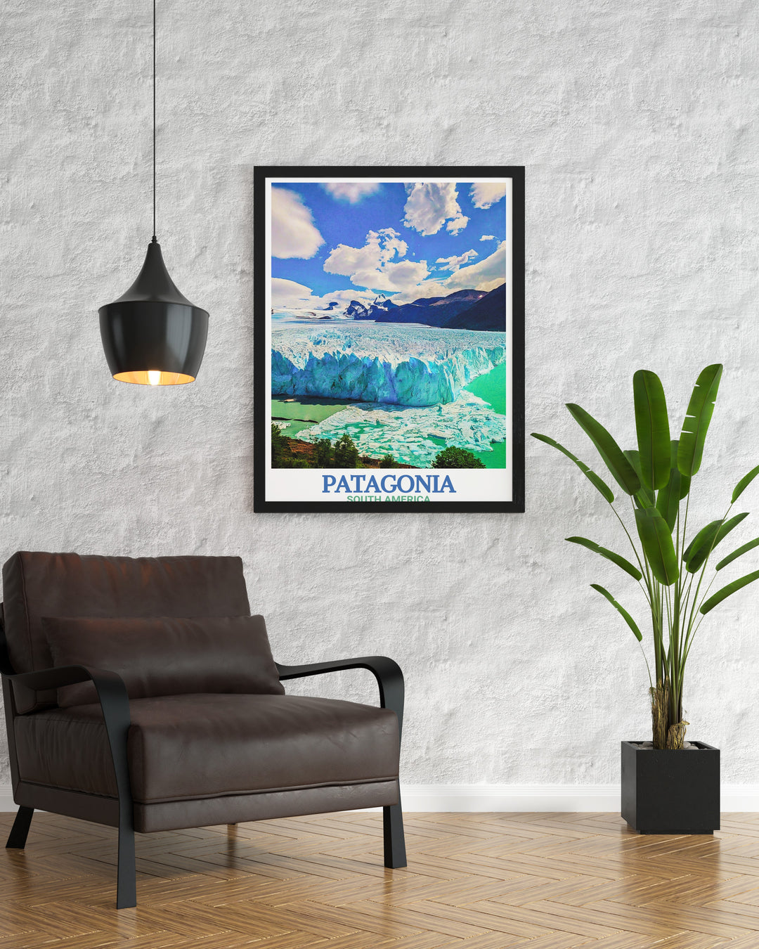 Chile travel poster featuring the majestic Torres Del Paine with the iconic Cuernos Del Paine. Add the breathtaking Perito Moreno Glacier artwork to your collection for a vibrant touch of South America in your home decor.