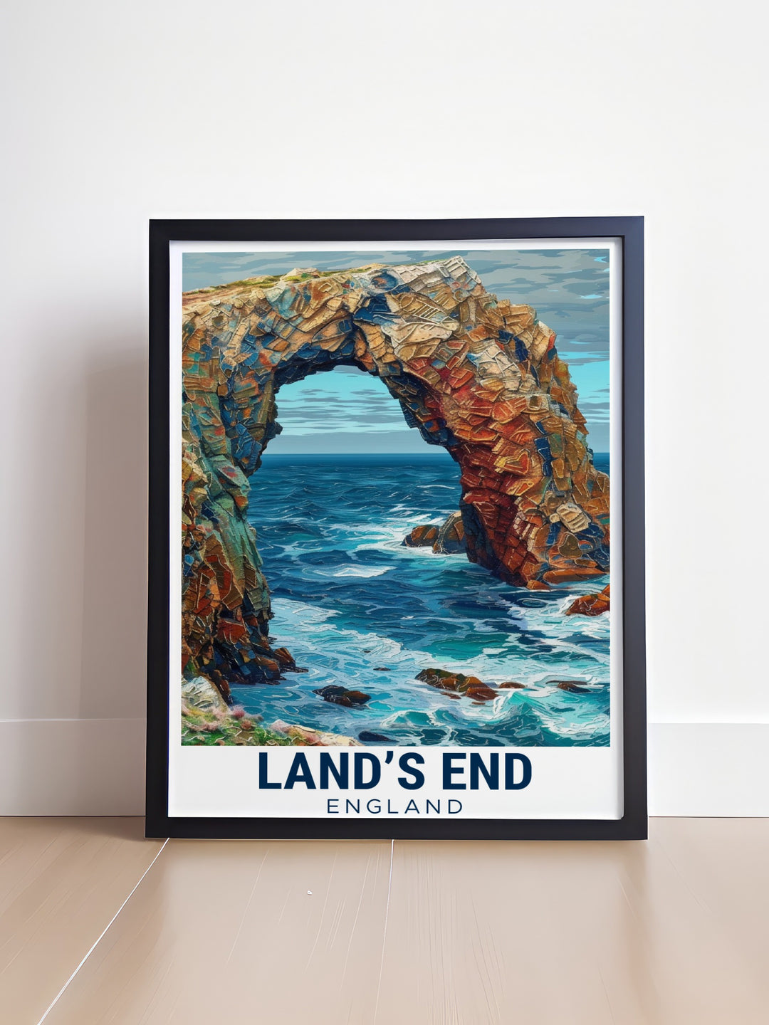 Bring the majestic beauty of Enys Dodnan Arch into your home with these stunning prints. Perfect for coastal themed decor or as a unique Cornwall gift this modern art adds a touch of serenity to any living space with its bold representation of Cornwalls coast.