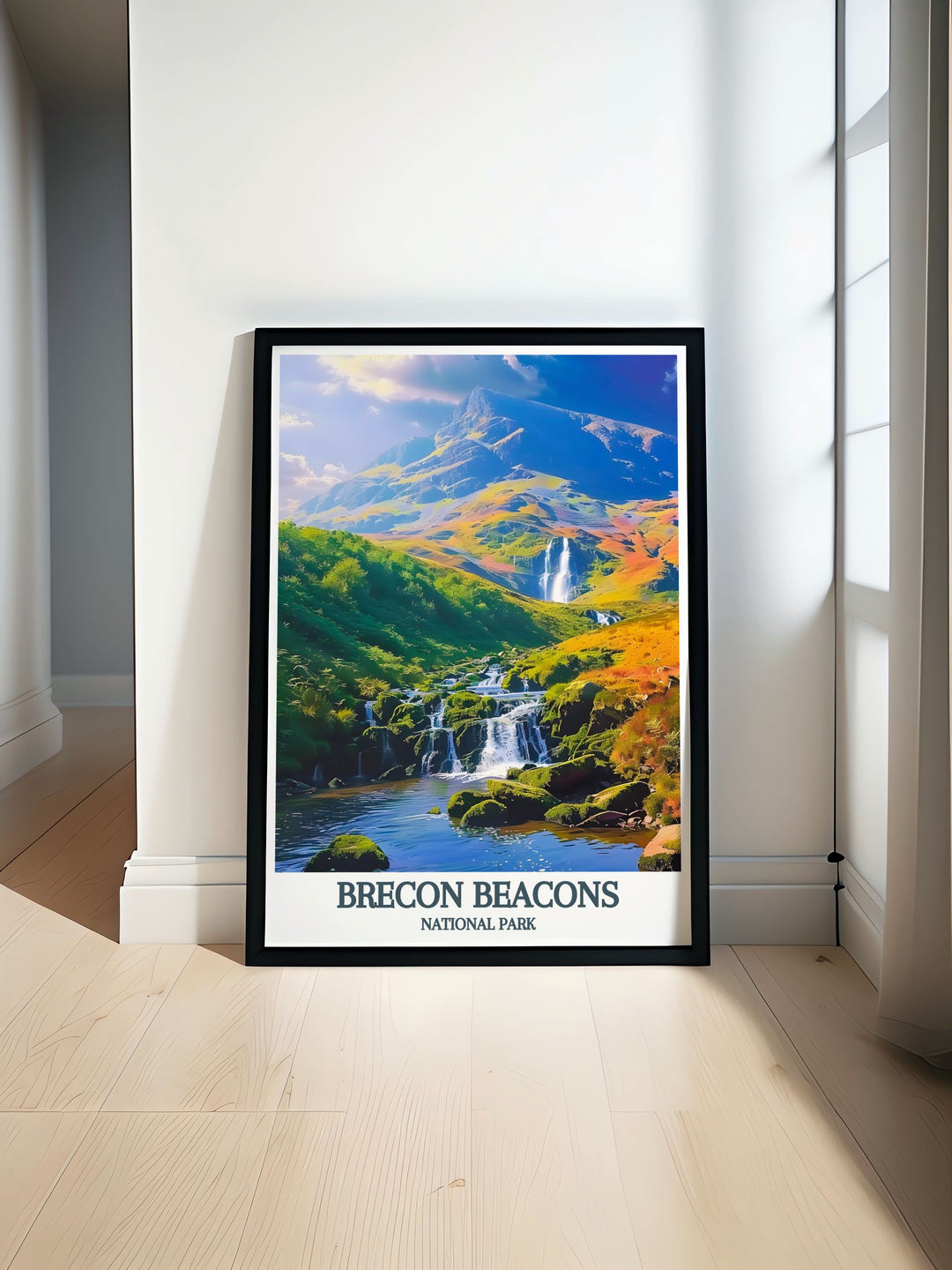 Brecon Beacons National Park print featuring stunning views of Pen Y Fan and Corn Du mountains perfect for adding a touch of nature to your home decor. The vintage travel poster showcases the beauty of the Welsh landscape in a retro art style