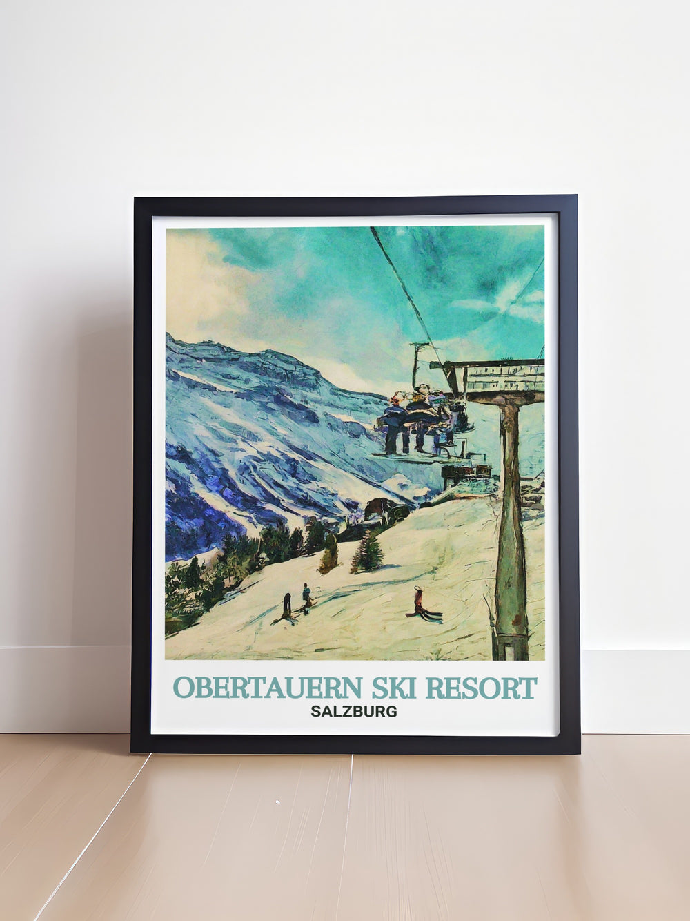 A stunning travel print of Obertauern Ski Resort, highlighting the Edelweissbahn Chairlift and Salzburgs winter beauty. Perfect for ski lovers who want to bring a piece of the Austrian Alps into their home decor.