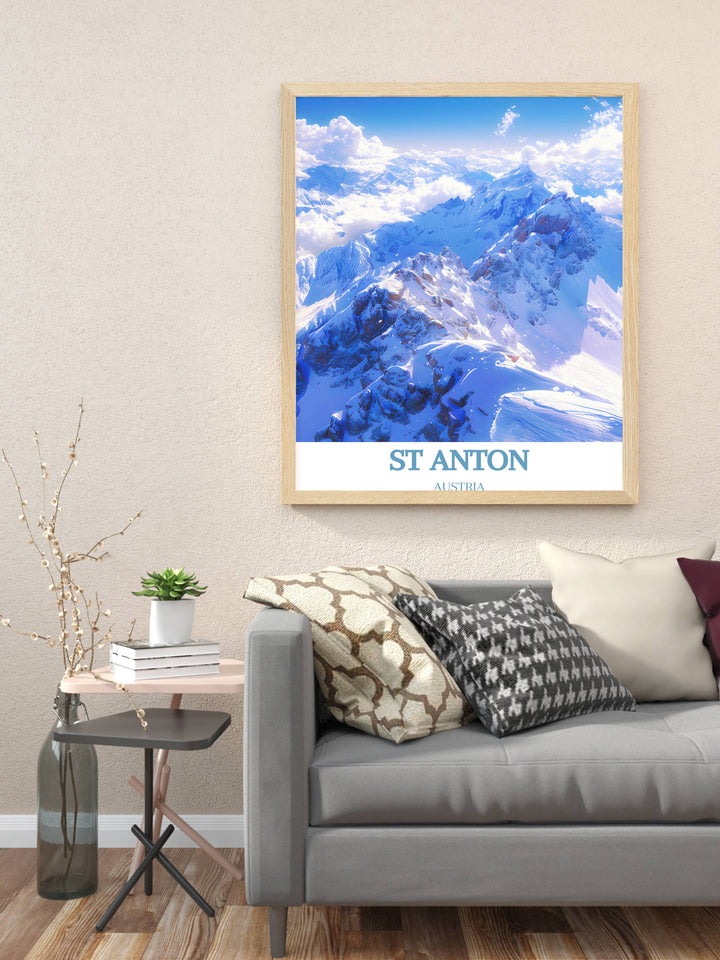 Elevate your home decor with a St Anton Travel Print featuring Valluga Mountain this ski resort poster brings the thrill of the slopes to your space perfect for those who love skiing Austria and want a unique piece of wall art