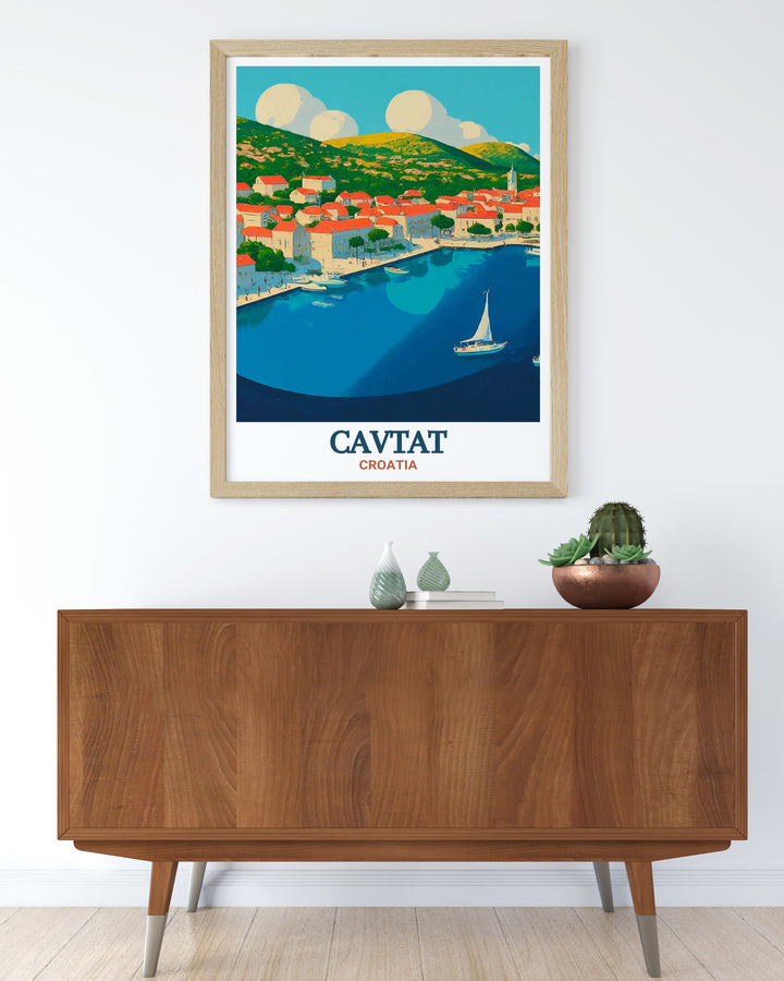 This framed art print of Cavtat, Croatia, features the towns tranquil harbor, lined with boats and historic architecture, offering a timeless coastal view perfect for your home décor.