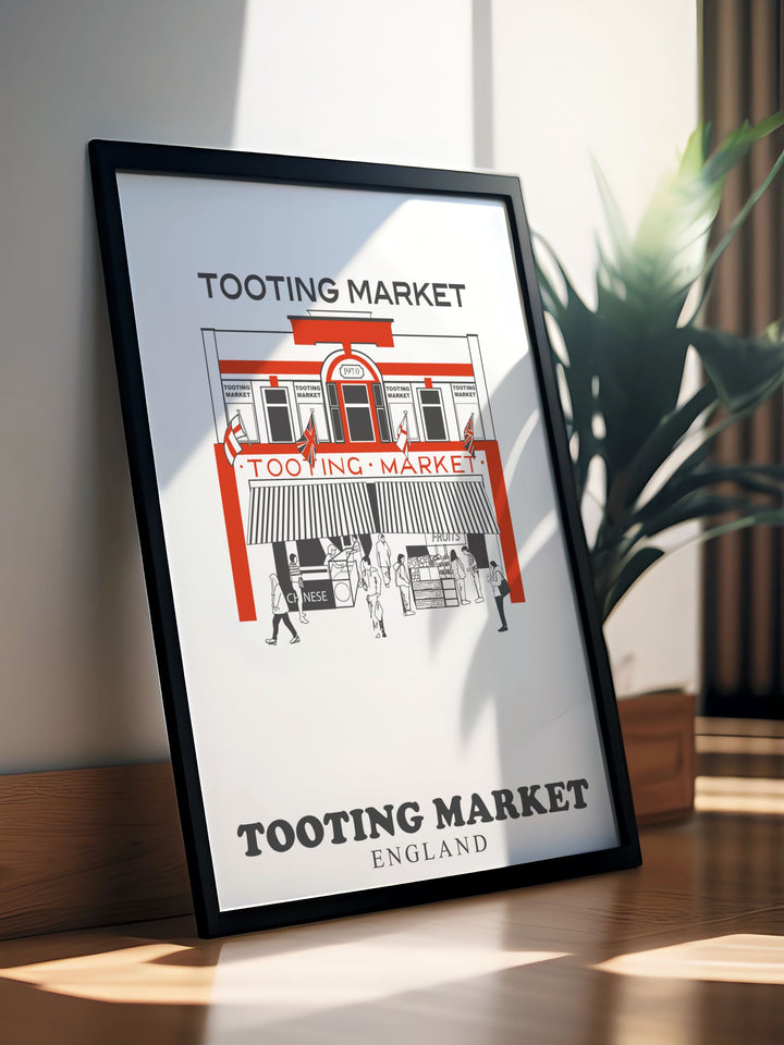 Vintage travel print featuring Tooting Market a must have for fans of retro London prints and those who appreciate the rich history of Tooting Bec and Tooting Broadway