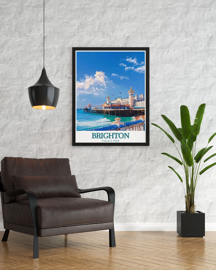 Retro travel poster of Brighton Pier with the beautiful English Channel a vintage travel print that adds nostalgic elegance and coastal charm to your home decor making it a standout piece.