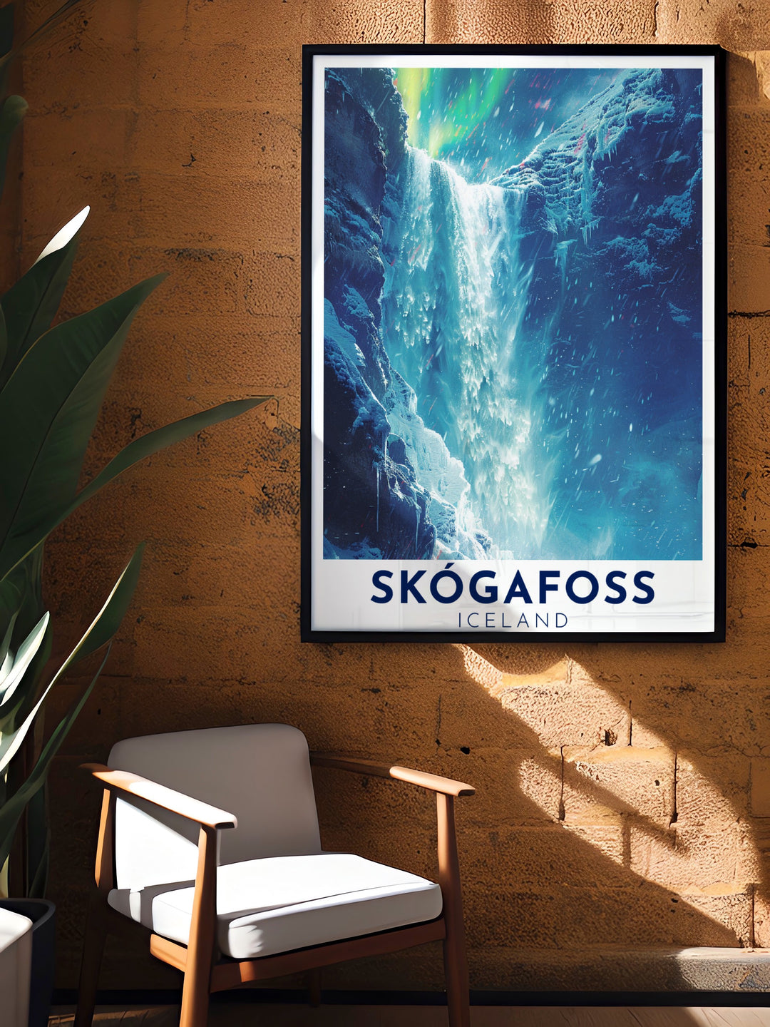 Striking Skogafoss Waterfall Poster Print featuring the dramatic and majestic view of one of Icelands most beloved waterfalls ideal for adding a touch of Icelandic elegance to your decor as Waterfall Modern Decor and Stunning Living Room Décor for an adventurous ambiance