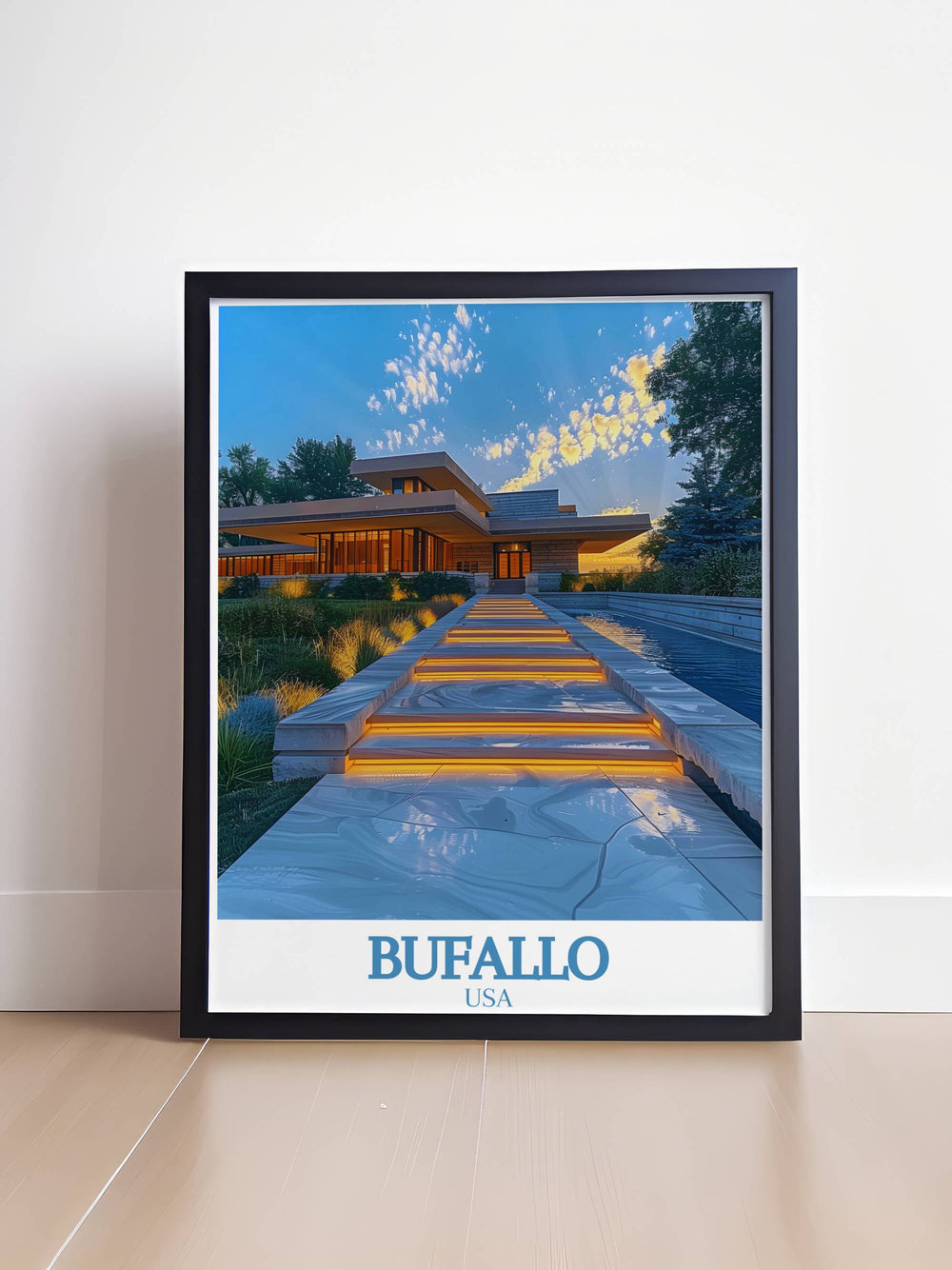 Vintage poster of Buffalo with Frank Lloyd Wrights Darwin D Martin House capturing the timeless elegance and historical significance of this landmark great for digital downloads and unique gifts