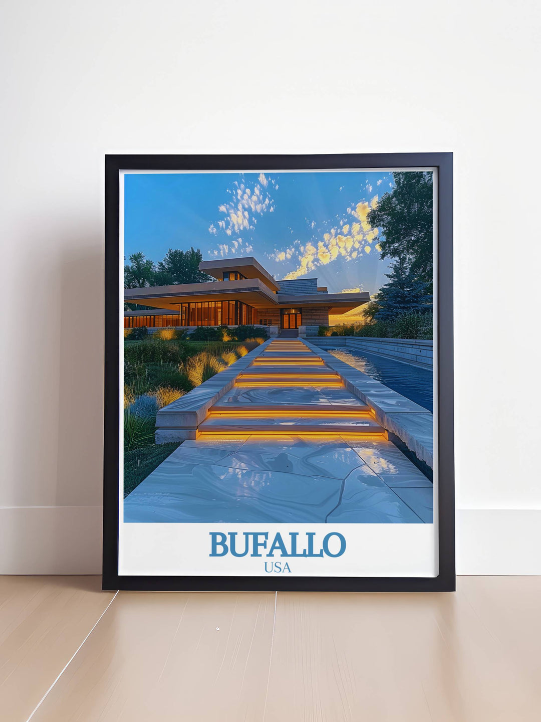 Highmark Stadium print showcasing Buffalo Bills with Frank Lloyd Wrights Darwin D. Martin House ideal for a unique and artistic wall decor