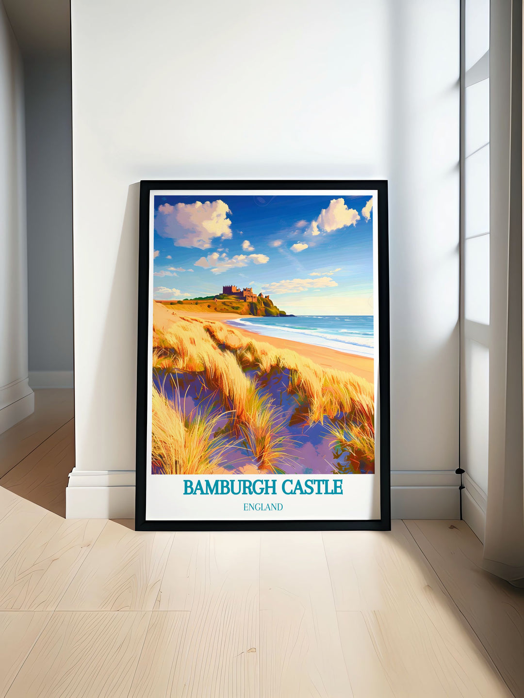 Beautiful illustration of The Bamburgh Dunes in Northumberland perfect for coastal decor lovers features stunning natural landscapes ideal wall art for nature and travel enthusiasts enhances any home decor collection