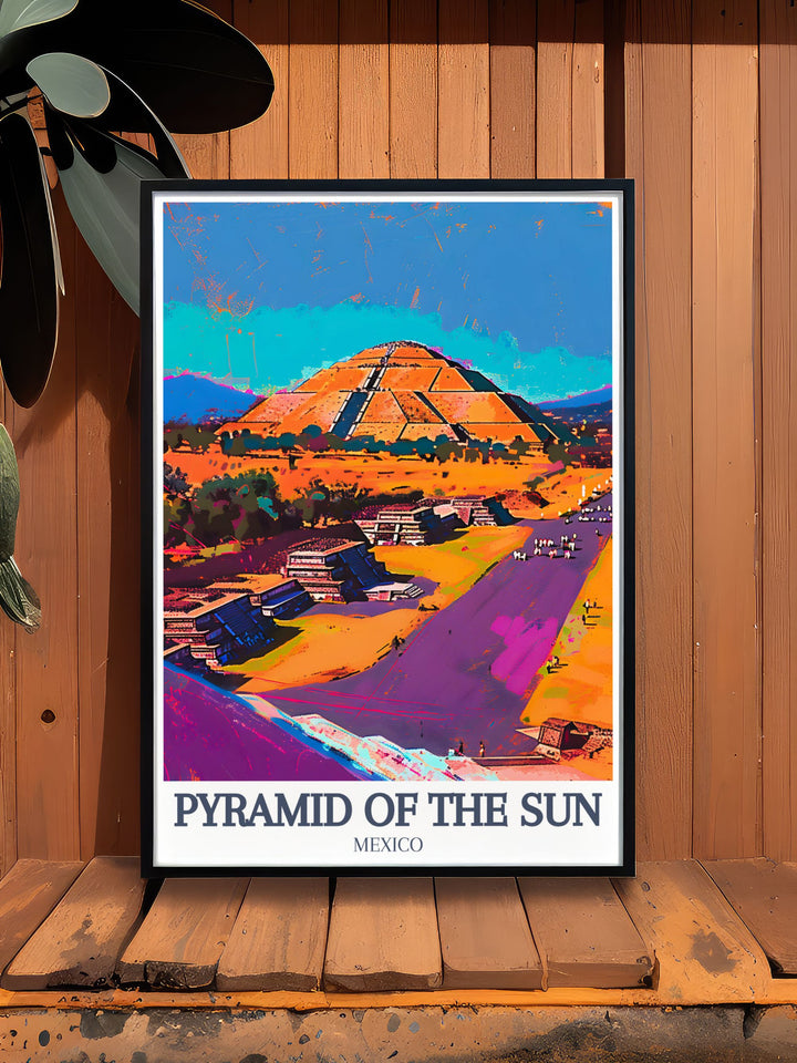 Elegant Teotihuacan Avenue of the Dead Quetzalcoatl Temple modern prints capturing the beauty of the Sun Pyramid and its surroundings ideal for sophisticated home decor and adding a touch of historical significance to any room.