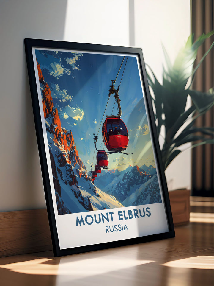 Mountain Wall Art featuring Mount Elbrus the crown jewel of the Caucasus Mountains a beautiful addition to any home or office cable cars and chair lifts bring an element of adventure and elegance to this stunning print