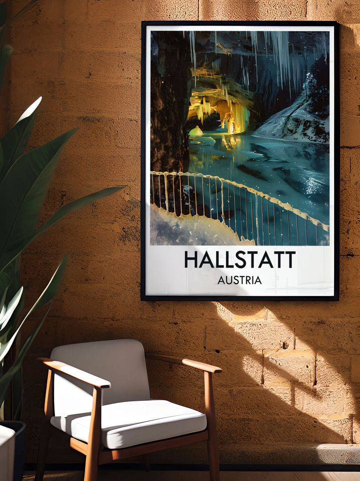 Showcasing the picturesque charm of Hallstatt, this travel poster captures the serene lake and quaint houses, bringing the villages magical atmosphere into your home.