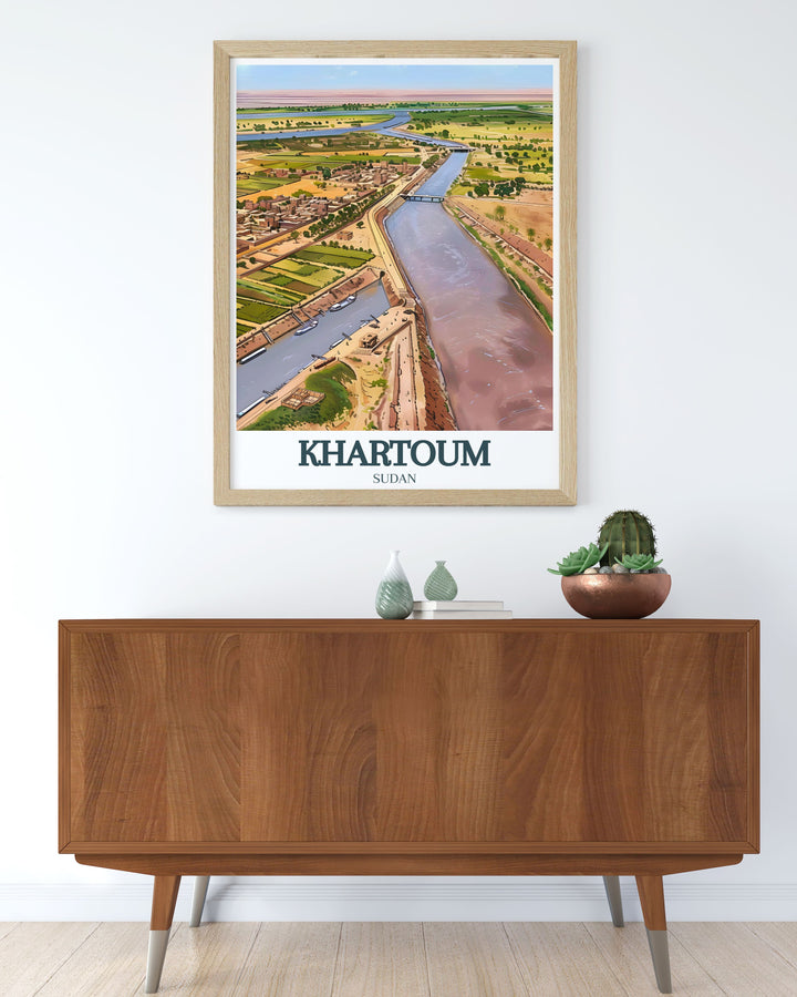 Framed prints of Khartoum city center and the Nile River Confluence Tuti Island adding a modern touch to your living room