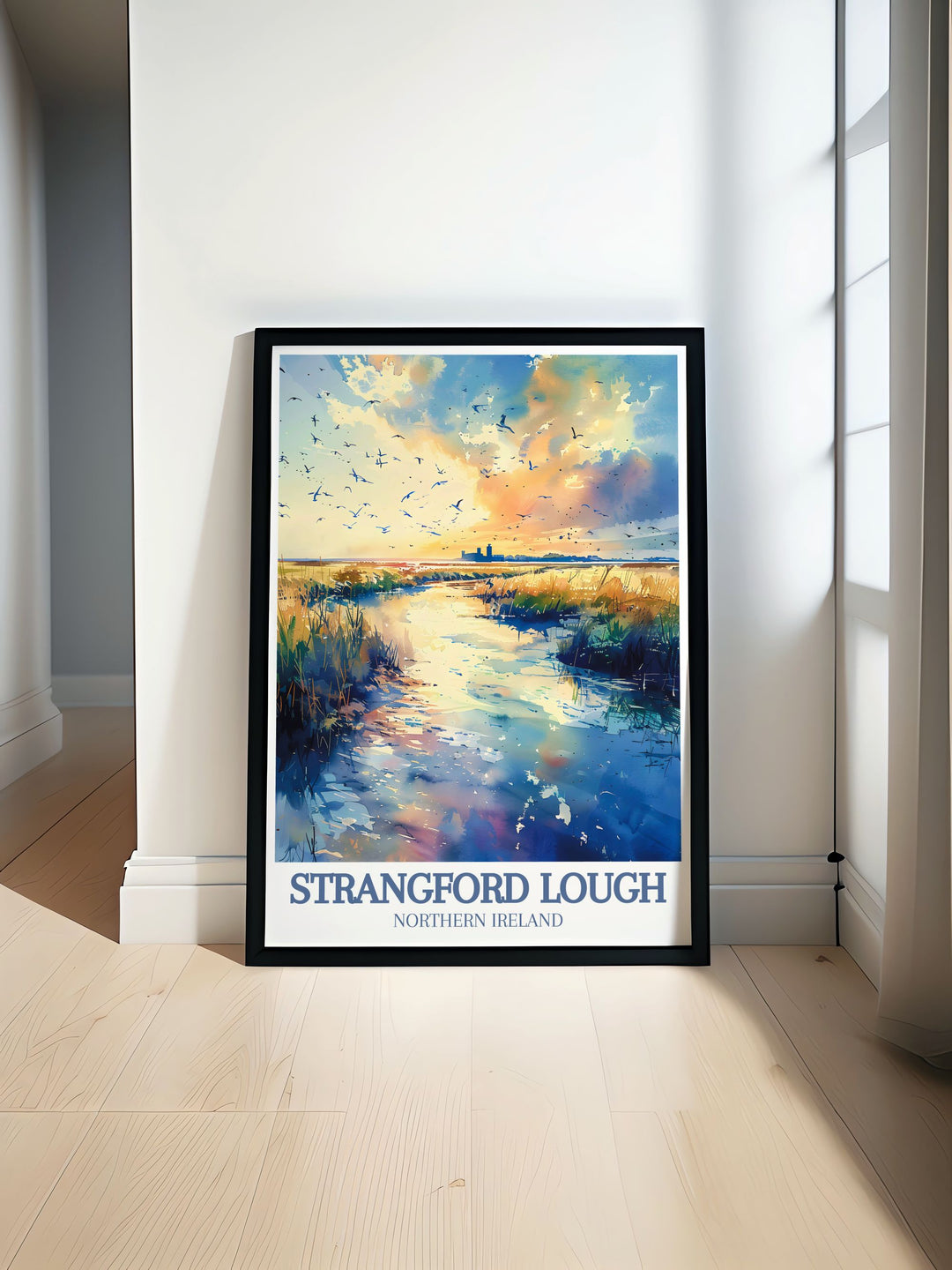 Strangford Print featuring Castle Ward and Strangford Lough Marine Nature Reserve showcases Northern Irelands natural beauty and historical landmarks perfect for elegant home decor and vintage travel print lovers