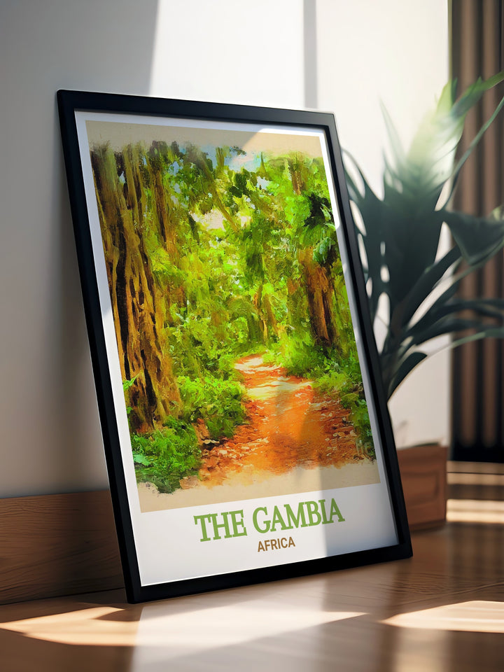 Scenic travel poster of Bijilo Forest Park in The Gambia. This artwork captures the vibrant colors and intricate details of the park, making it an ideal gift for friends and loved ones. Perfect for birthdays, anniversaries, or holidays.