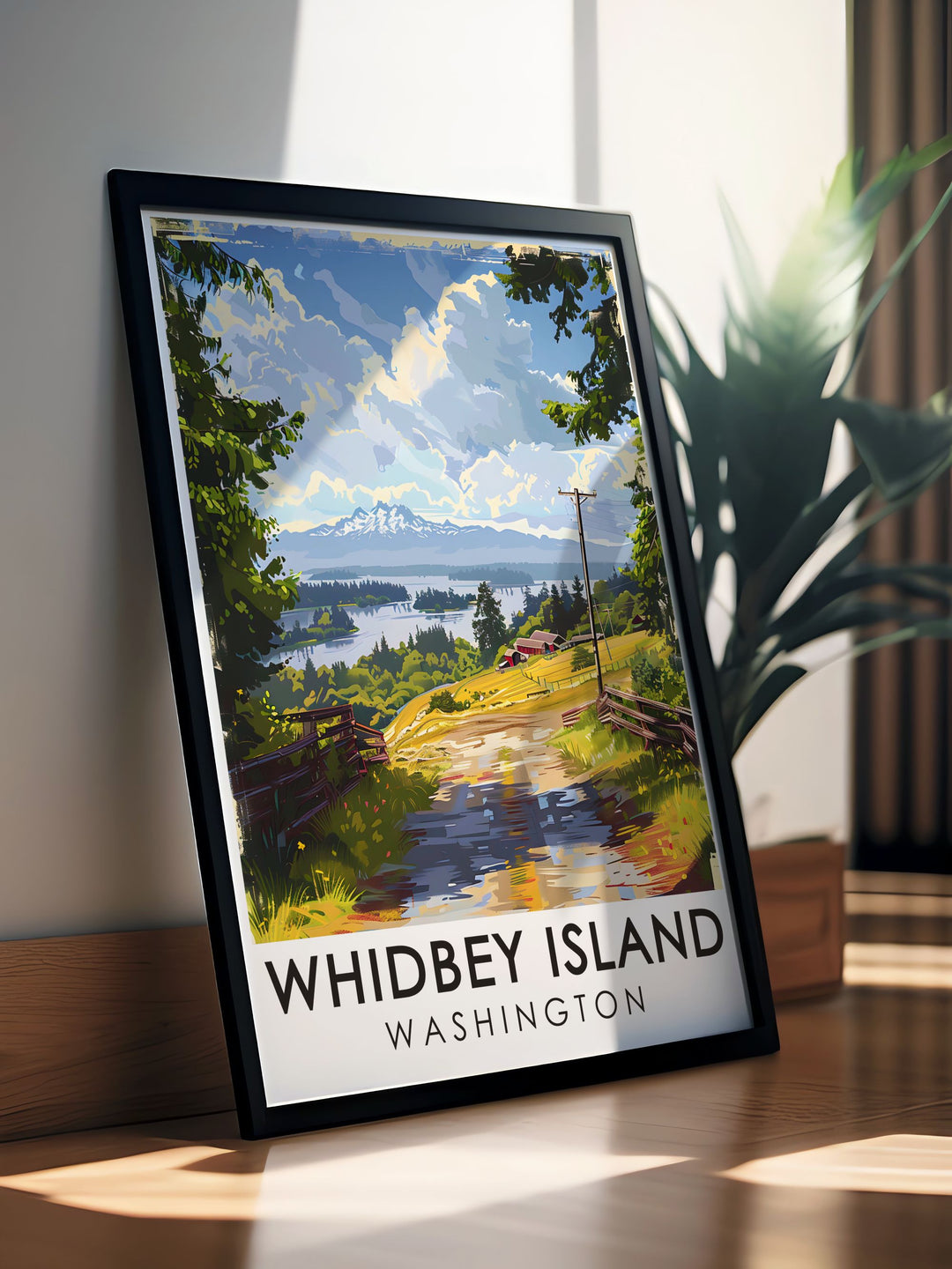 Vintage poster of Whidbey Island and Ebeys Landing National Historical Reserve showcasing the timeless beauty of Washingtons landscapes perfect for creating a nostalgic atmosphere in your living room or office