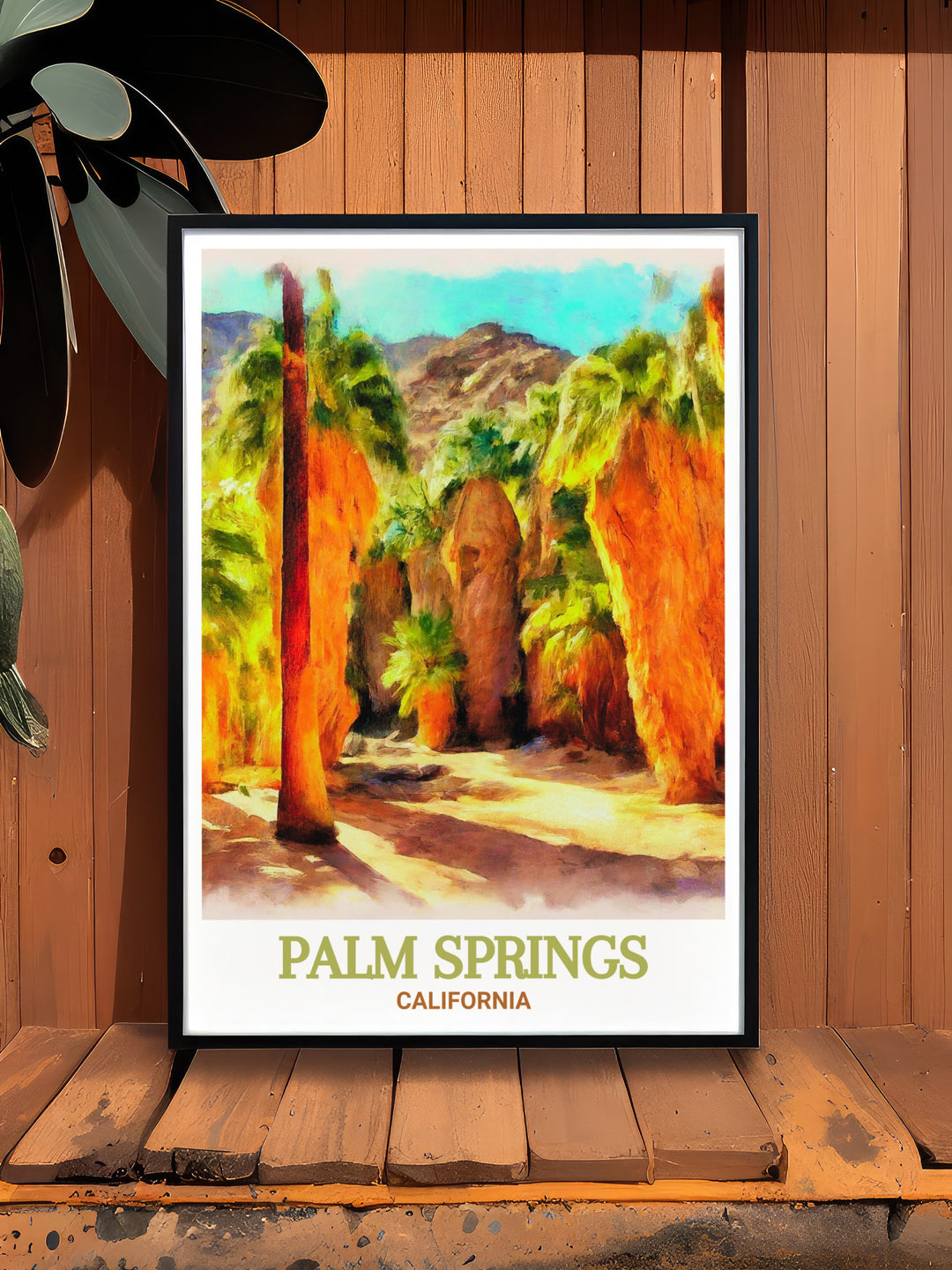 Palm Springs wall art showcasing the Yellow Hotel and the majestic Indian Canyons. This artwork brings the lively spirit and stunning beauty of Palm Springs into your living space, providing a stylish and elegant addition to any room.