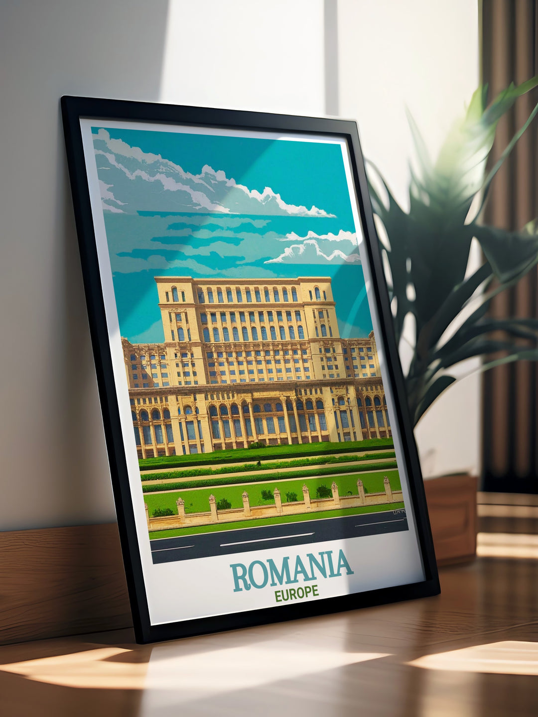 A stunning poster print featuring Romanias Palace of the Parliament, showcasing the grandeur and impressive architecture of one of the worlds largest buildings. This travel print highlights Romanias political history, perfect for home decor or a thoughtful gift for history lovers.