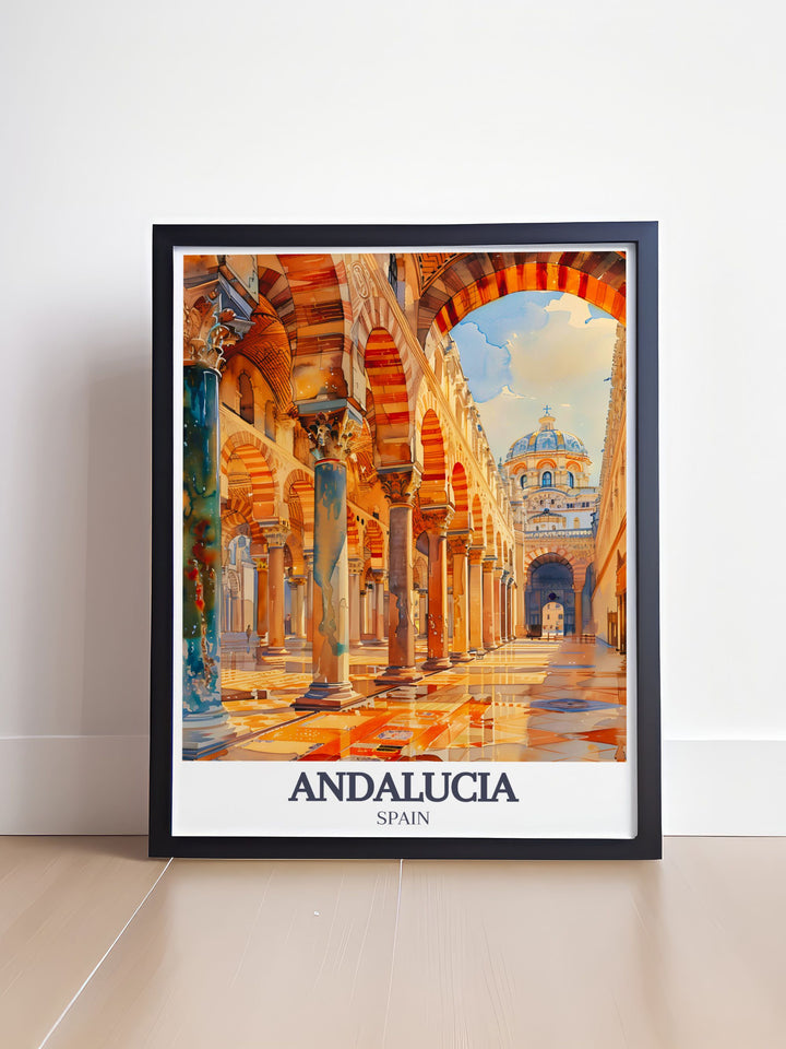 The iconic Mezquita Catedral and the Torre del Alminar are brought to life in this detailed travel poster, showcasing their vibrant history and stunning designs, perfect for any room.