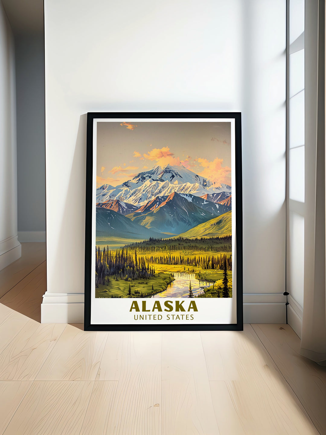 The breathtaking view of Denali in Alaska is captured in this elegant travel print. Highlighting the natural beauty of Denali National Park, this poster brings a touch of wilderness into any room, making it perfect for lovers of the outdoors and Alaskas stunning landscapes.