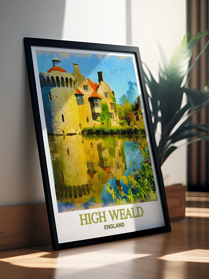 Scotney Castle and High Weald AONB print offering a nostalgic view of the British countryside with vibrant colors and intricate details perfect for collectors of vintage travel prints and those looking to create a serene and elegant home environment.