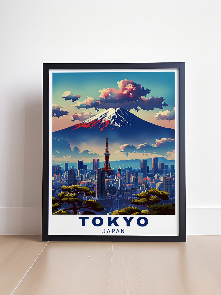 This vintage Mount Fuji poster combines the iconic cherry blossoms of Japan with the majesty of Mount Fuji. The view extends to Tokyo in the background, offering a visual journey that highlights Japans natural and cultural landmarks in one stunning piece of artwork.