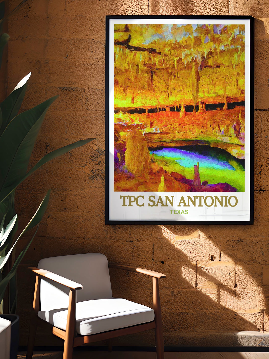 Perfect TPC San Antonio Golf Art Print paired with Natural Bridge Caverns Modern Decor offering a captivating addition to any room bringing the charm of the Texas golf course and the beauty of nature together in one stunning display