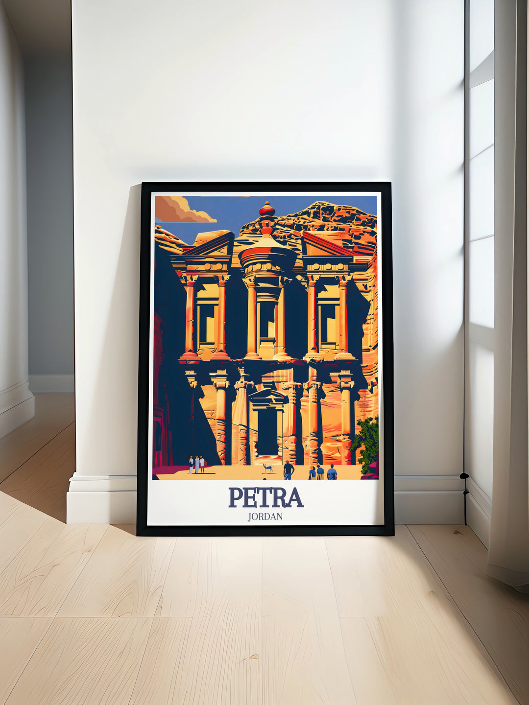 Ad Deir Monastery Canvas Art depicting the monumental façade of Petras iconic structure and the narrow passage of the Siq. This travel print celebrates the rich history and natural beauty of Jordans most famous landmark, making it ideal for any space.