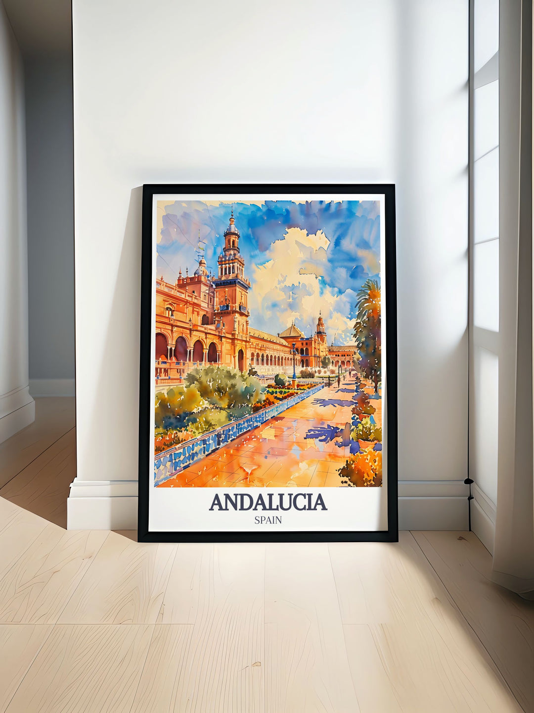 This travel poster captures the stunning beauty of the Ambassadors Hall in the Alcazar of Seville, Spain, showcasing its intricate tilework and ornate ceilings, perfect for adding a touch of historical elegance to your decor.