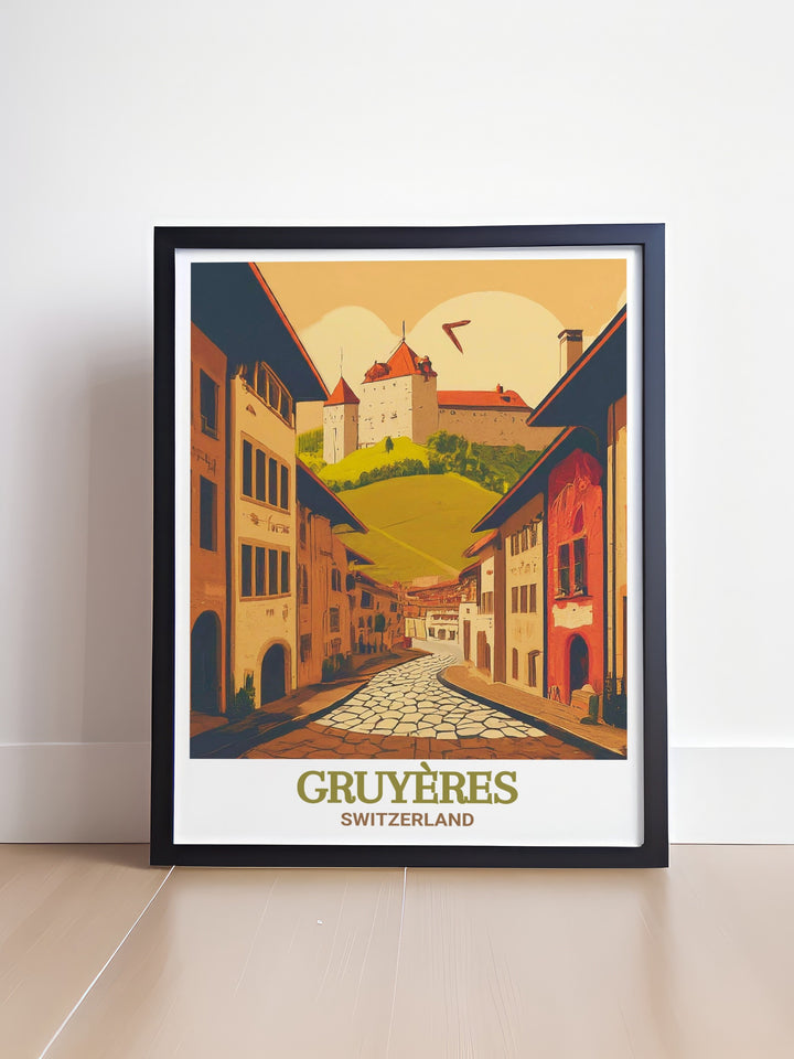 Stunning Gruyeres Medieval Town travel poster that captures the enchanting streets and architecture of Switzerland. Perfect for home decor, this wall art brings a piece of Swiss history into your living space.