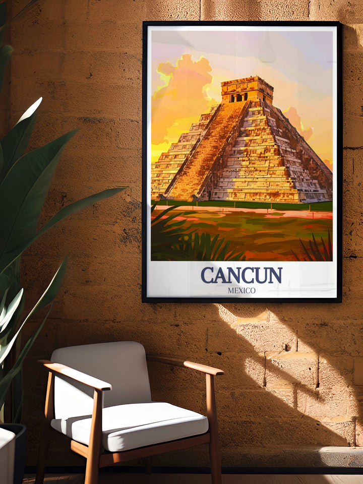 Captivating Cancun photo print showcasing the city street map in black and white an elegant addition to any room decor complemented by the stunning Chichen Itza Pyramid of Kukulkan offering a visual journey through history and modernity