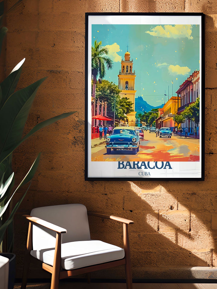 Unique Cuban artwork of Baracoas historic cityscape, featuring landmarks like El Yunque and Catedral De Nuestra Senora De La Asuncion. Ideal for personalized gifts or home decor, this print captures the citys essence and its captivating blend of history and natural beauty.