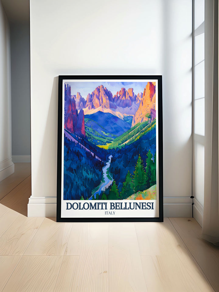 Dolomite range travel poster featuring the majestic Dolomiti Bellunesi in Northern Italy showcasing the stunning peaks and serene alpine meadows perfect for enhancing any home decor or art collection.