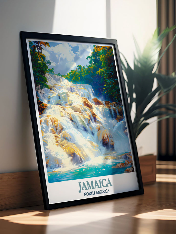 Highlighting the terraced cascades and rich vegetation of Dunns River Falls, this travel poster adds a touch of Jamaicas natural charm to any room.