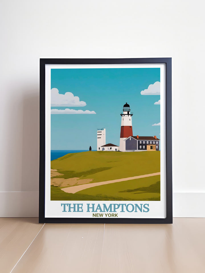 Montauk Point Lighthouse and The Hamptons come together in this travel print, featuring a stunning vintage design and personalized gift options. Perfect for coastal enthusiasts, this New York poster adds charm and history to any room with its soft color palette and iconic landmarks.