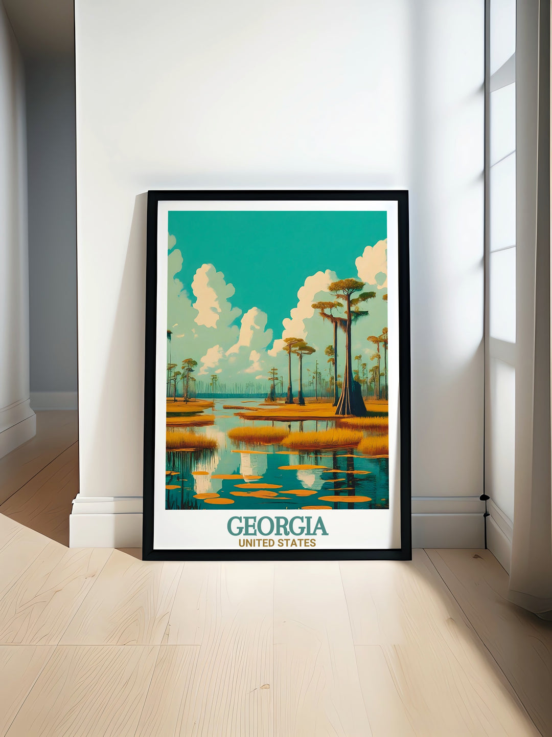 The beauty of Georgia is brought to life in this art print, featuring Atlantas iconic skyline and the tranquil Okefenokee Swamp. Ideal for home or office decor, this travel poster captures the essence of the Peach States charm.