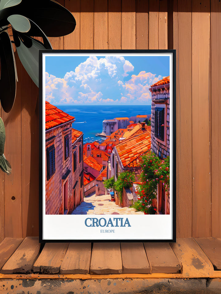 The majestic scenery of the Adriatic Sea and the historic charm of Split are featured in this vibrant travel poster, perfect for adding Croatias unique allure and elegance to your home.