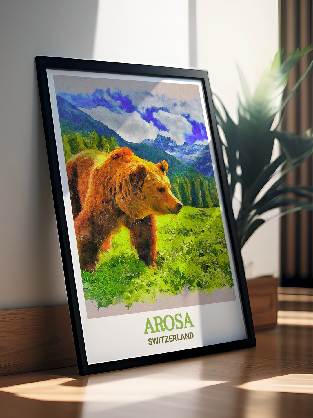 Switzerland Wall Decor bringing the beauty and tranquility of the Swiss Alps into your home, featuring landmarks like Arosa and the Arosa Bear Sanctuary. The artwork is perfect for those who love the mountains and want to create a peaceful yet inspiring environment